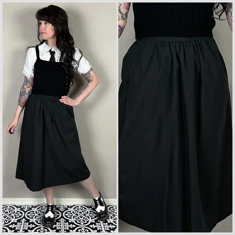 Vintage 1970s Black High Waisted A-Line Midi Skirt With Pockets - Picture 1 of 7